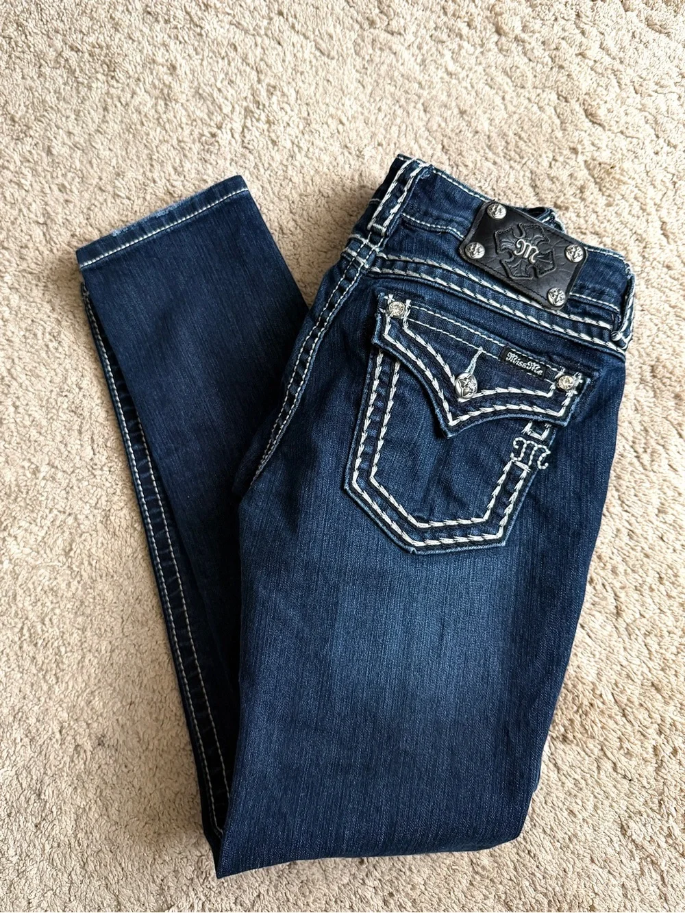 Miss Me Blue Jeans size 28 Skinny Embellished Rhinestones Pockets Thick Stitch